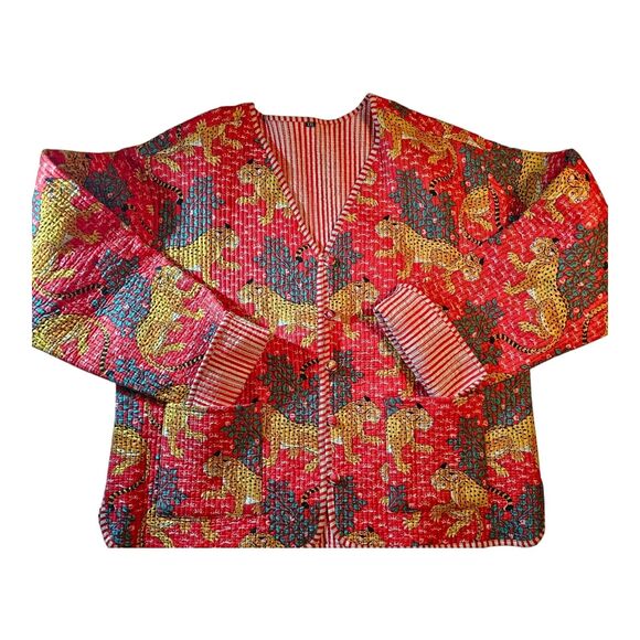 Artisan screen-print quilted jacket, jungle leopards, 100 % cotton, reversible - Picture 1 of 14